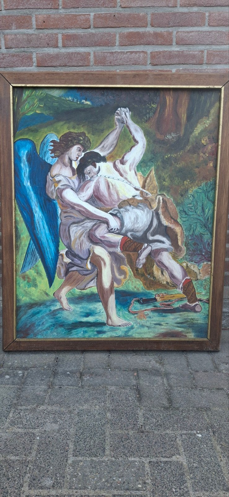 Schilderij 'JacobWrestlingWithTheAngel' doorDelacroix 90×110, Antiek en Kunst, Kunst | Schilderijen | Klassiek, Ophalen, Ingelijst