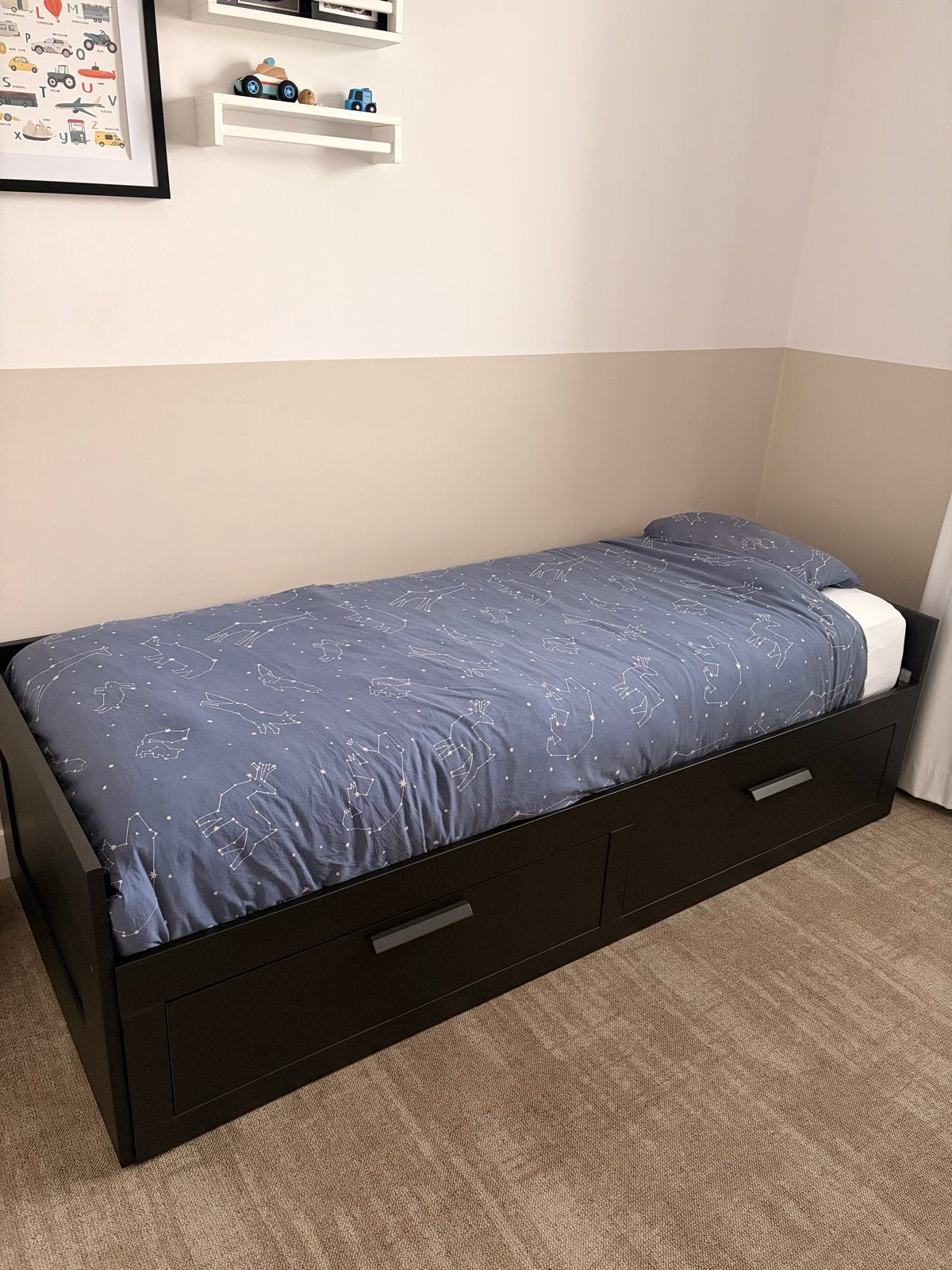 Brimnes bed 80x200 cm met 2 lades en uitschuifbaar, Ophalen, Gebruikt, Eenpersoons, Zwart