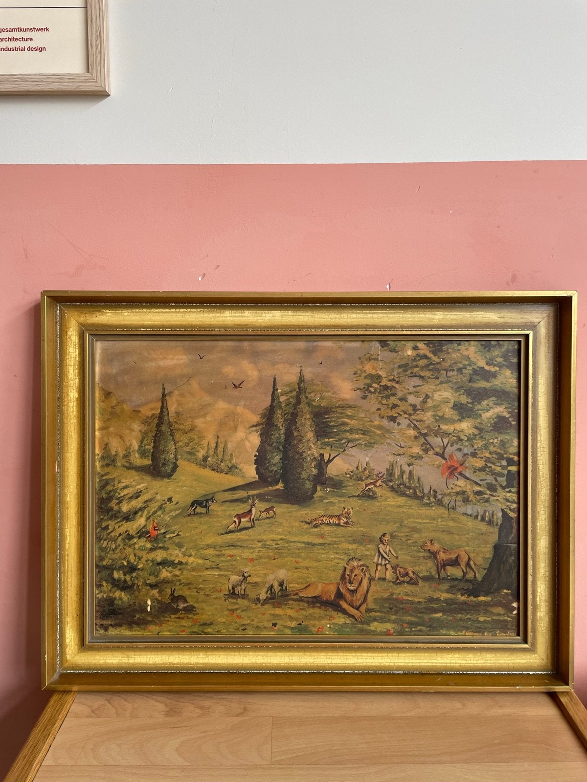Vintage Schilderij: Paradijs met Dieren en Kind, Ophalen of Verzenden