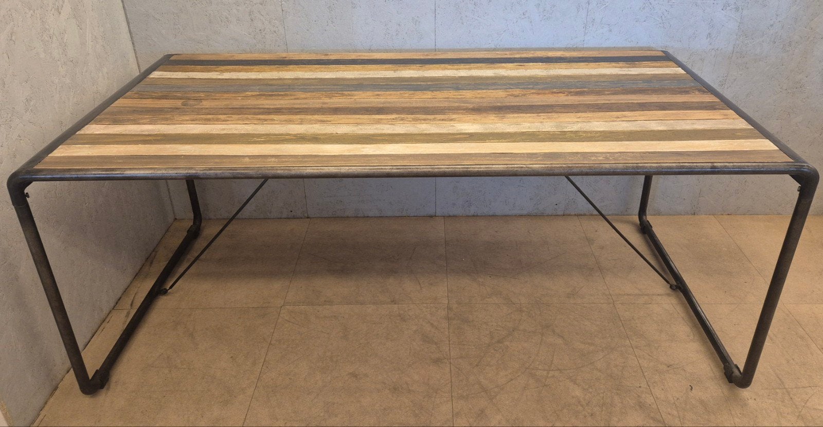Industriële eettafel 200x100 hout & staal, Gebruikt, 200 cm of meer, 50 tot 100 cm, Vijf personen of meer
