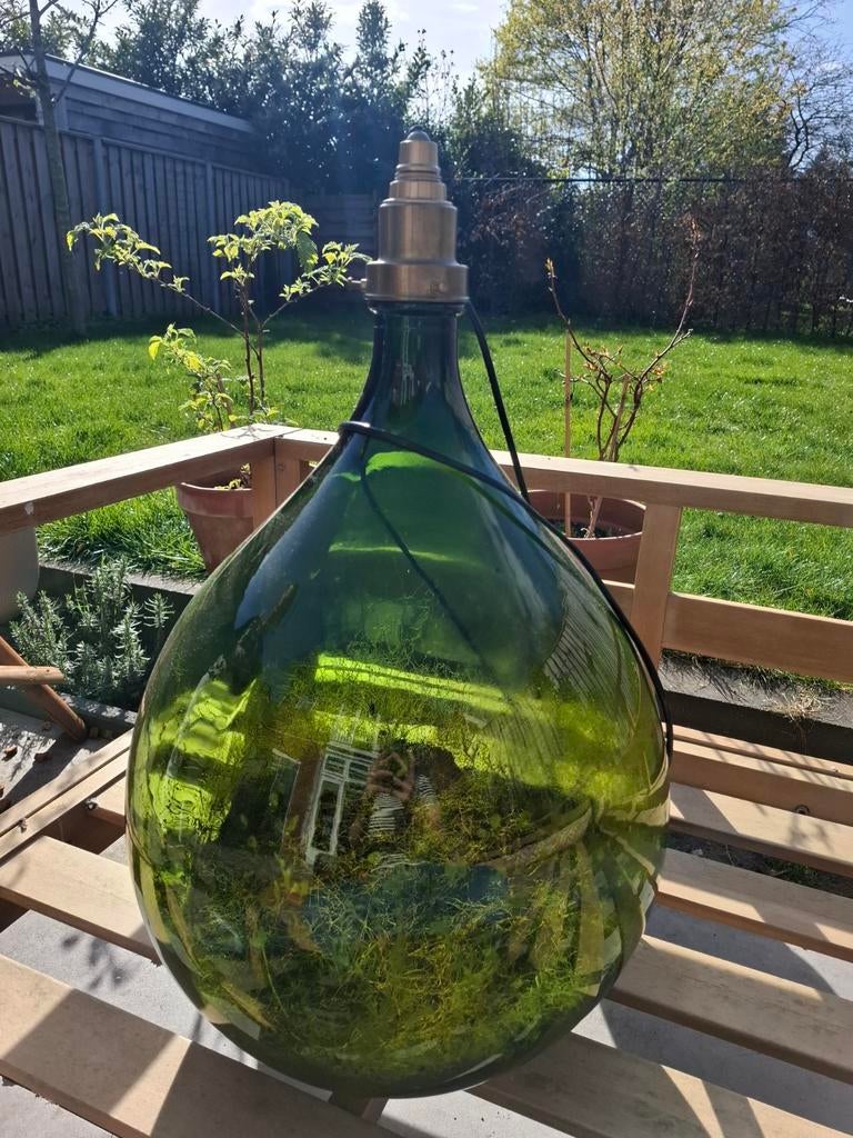 Grote groene glazen fles met lamp - Unieke decoratie, Ophalen