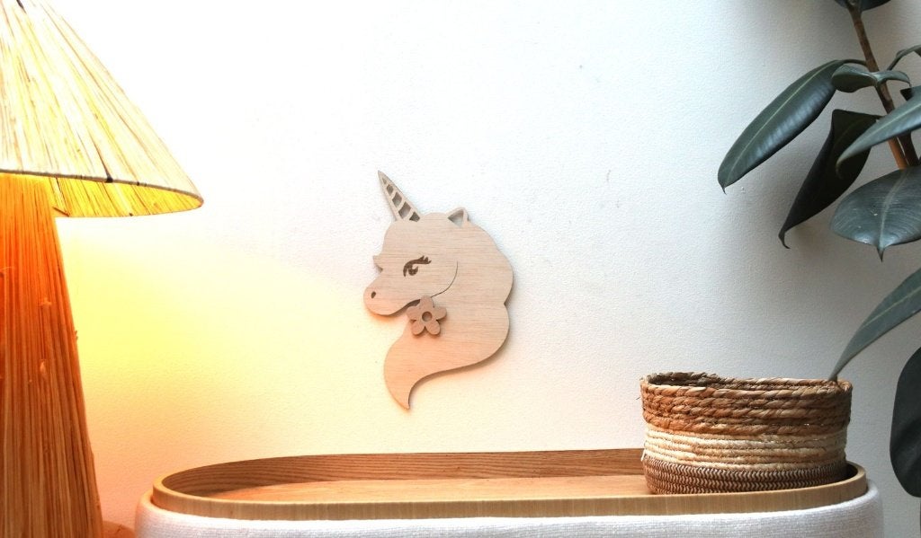Houten Eenhoorn Wanddecoratie - Kinderkamer, 30 cm, Hout, Decoratieobject, Ophalen of Verzenden