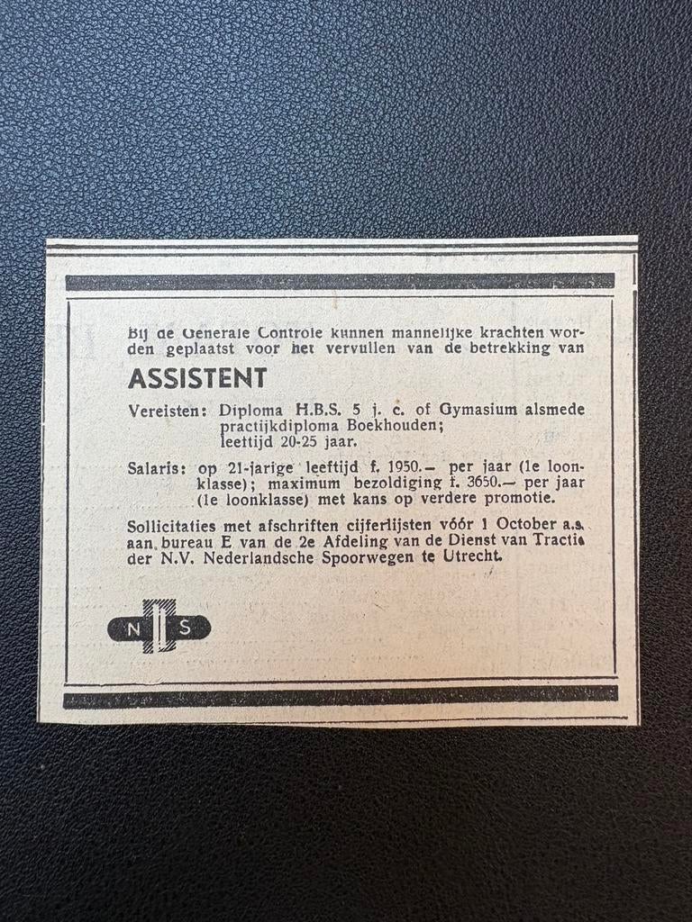 Oude vacature NS ‘Assistent generale controle’ (1947), Verzamelen, Ophalen of Verzenden, Gebruikt, Trein