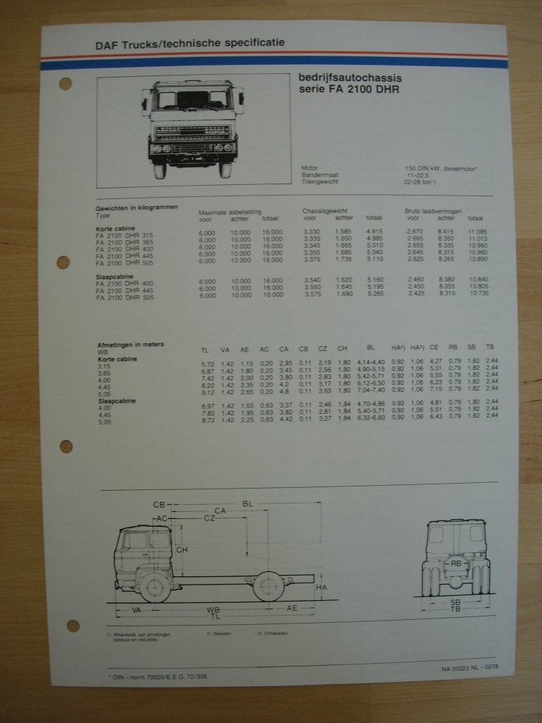 DAF FA 2100 DHR Technische Specificatie folder 1978 – 4x2, Ophalen of Verzenden, Zo goed als nieuw, Overige merken, DAF