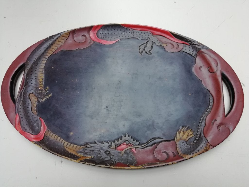 Antiek of vintage, ovaal dienblad met Japans lakwerk, Gebruikt, Ophalen of Verzenden, Ovaal, Handgemaakt
