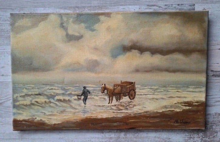 Olieverfschilderij:  Jan Kelderman visser met paard en kar, Ophalen of Verzenden