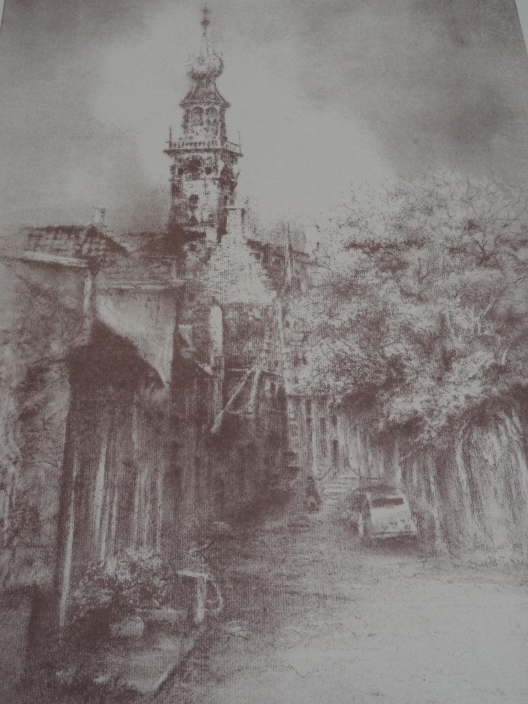 Litho Veere in verval, stadhuis van Veere Co de Voogd 1980, Origineel, Ophalen of Verzenden, Overige onderwerpen, Lithografie