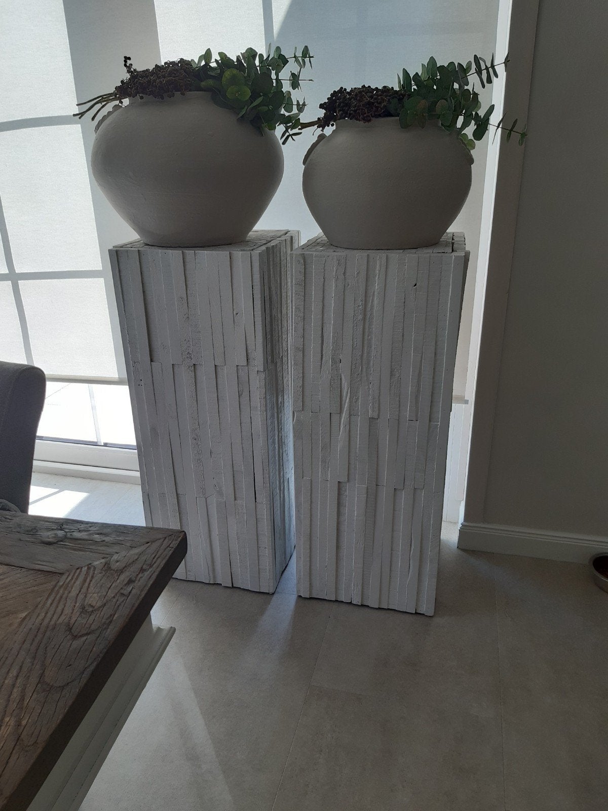 Set van 2 decoratieve zuilen/pilaren met potten kruiken,, Ophalen, Gebruikt
