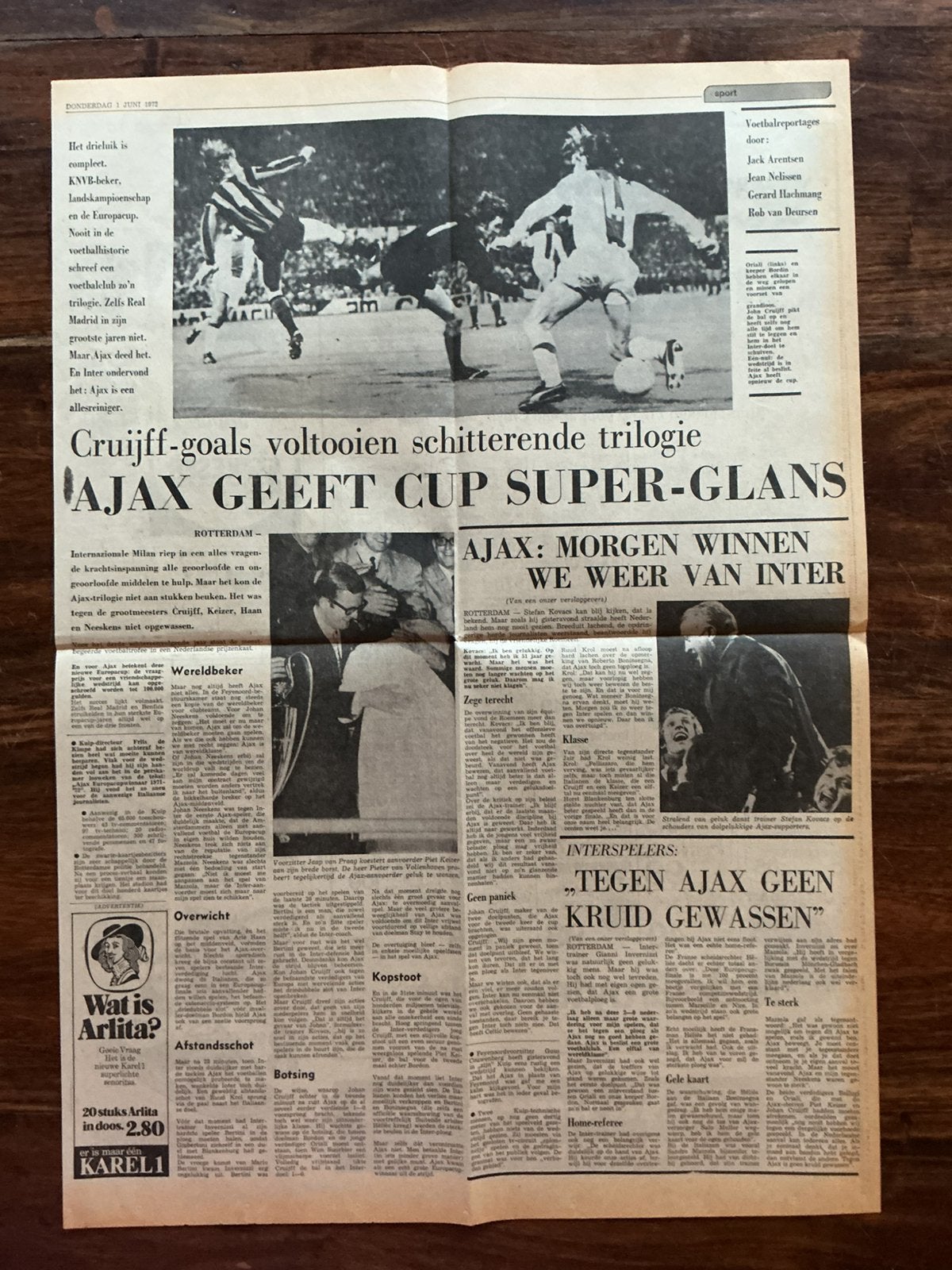 Voetbal krantenartikel Ajax Inter  1972 Europacup Cruijff, Verzamelen, Ophalen of Verzenden, Knipsel(s)