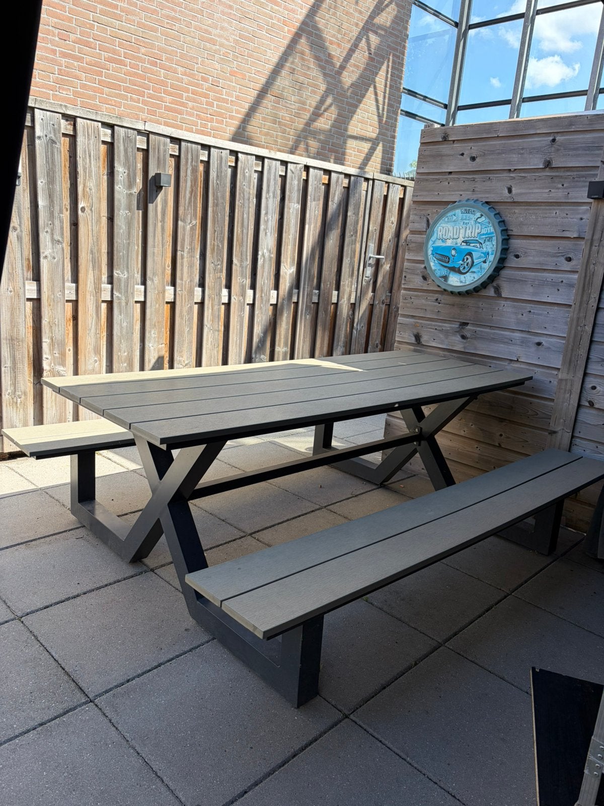 Prachtige metalen/kunststof picknicktafel, Ophalen of Verzenden, Zo goed als nieuw, Rechthoekig, Overige materialen