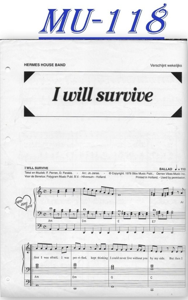 Muz118 Bladmuziek Super song I Will Survive, Ophalen of Verzenden, Zo goed als nieuw, Artiest of Componist, Piano