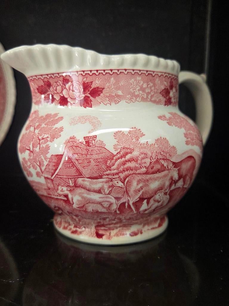 Rood-witte schalen en kan met boerderijtaferelen Adams, Antiek en Kunst, Ophalen of Verzenden