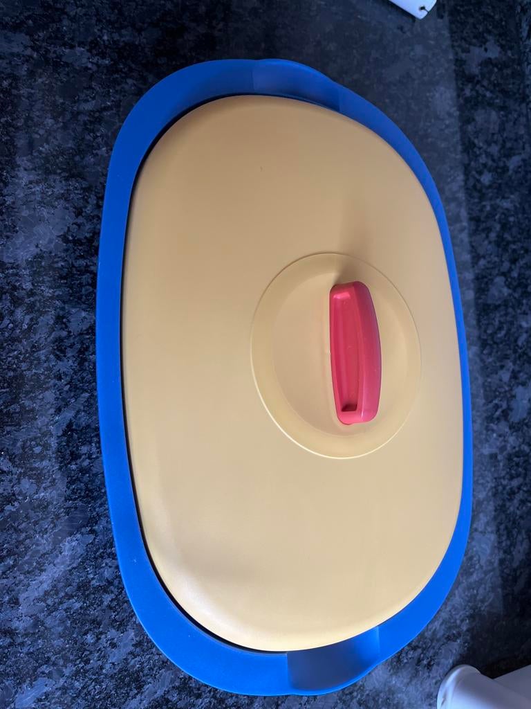 Tupperware Ovale Schaal met Deksel - Blauw/Geel, Ophalen of Verzenden, Zo goed als nieuw, Blauw, Schaal