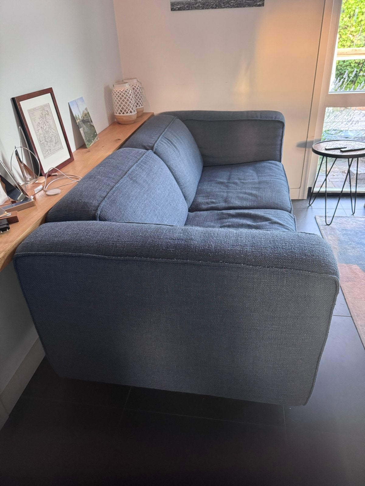 Comfortabele blauwe stoffen bank met poef en draaistoel, Ophalen, 250 tot 300 cm, Gebruikt, 100 tot 125 cm