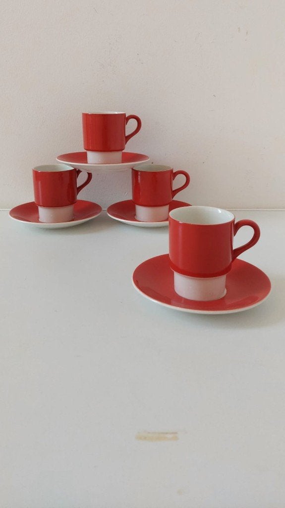 5 Vintage Pagnossin Treviso koffie kop en schotels Rood 70, Huis en Inrichting, Keuken | Servies, Eu, Overige merken, Eu, Nieuw