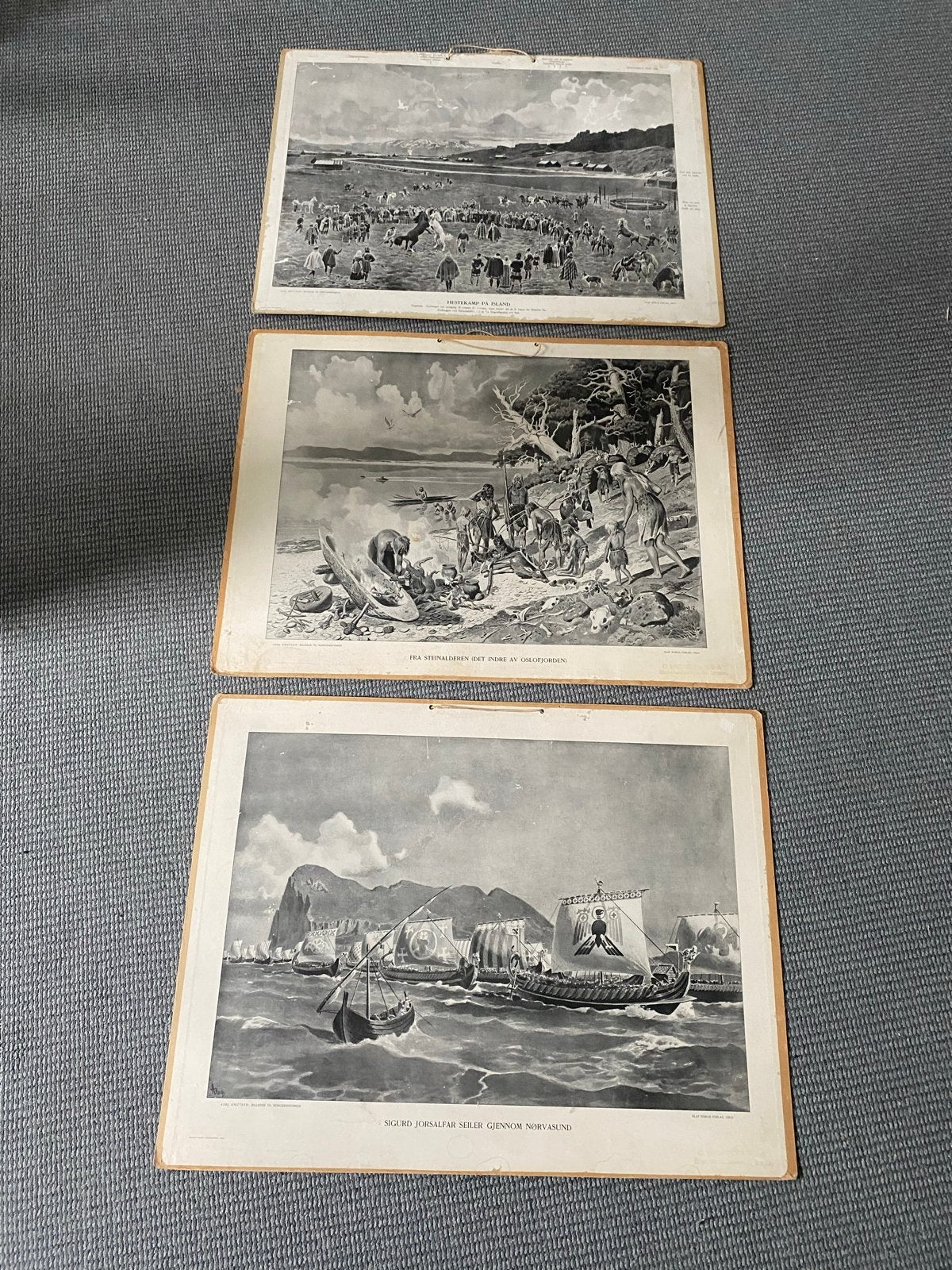 Set van 3 historische prenten: Vikingen, jacht en landschap, Antiek en Kunst, Ophalen, Dagelijks leven, 1800 - 1899, Overige technieken
