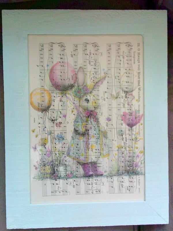 Shabby dameskonijn met ballonnen ingelijst  lichtblauw frame, Ophalen of Verzenden, Gebruikt, Wanddecoratie