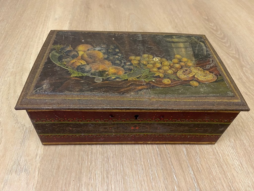 Vintage blikken trommel met fruit motief, Verzamelen, Ophalen of Verzenden, Gebruikt, Overige
