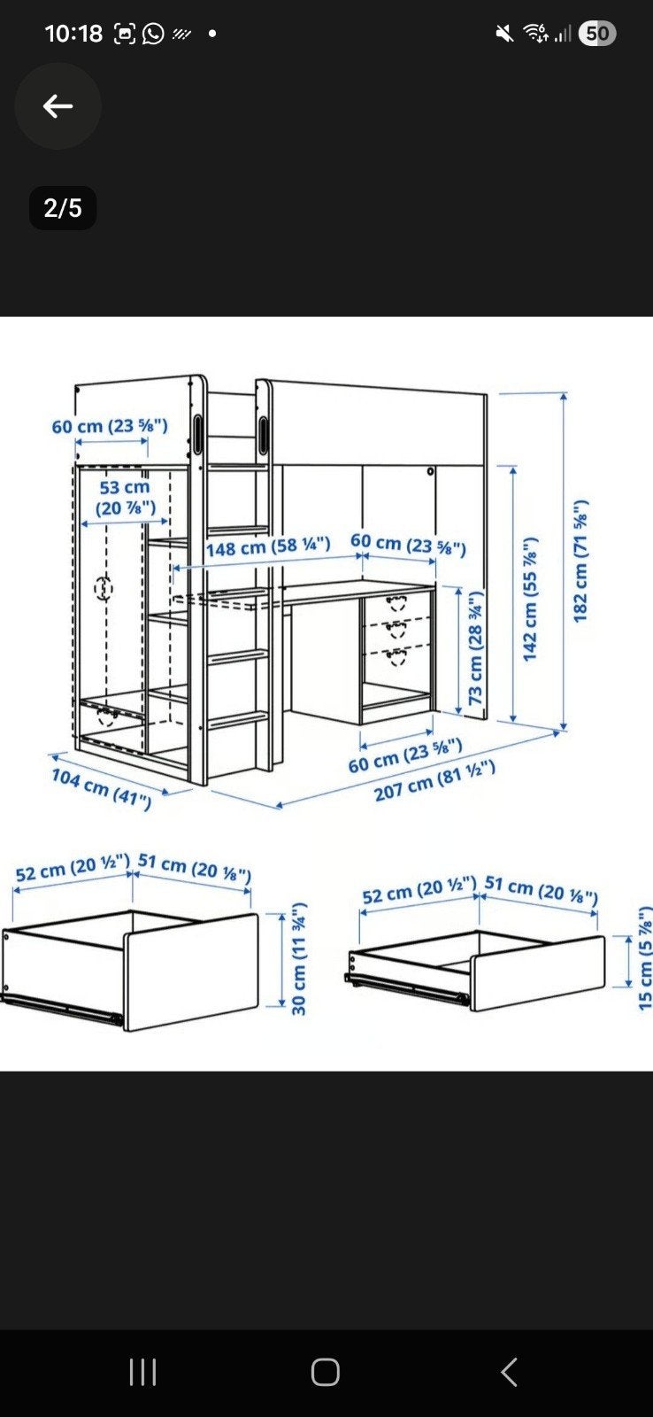 IKEA SMÅSTAD loft bed met bureau, 100 cm, Hoogslaper, Eenpersoons, 160 tot 180 cm