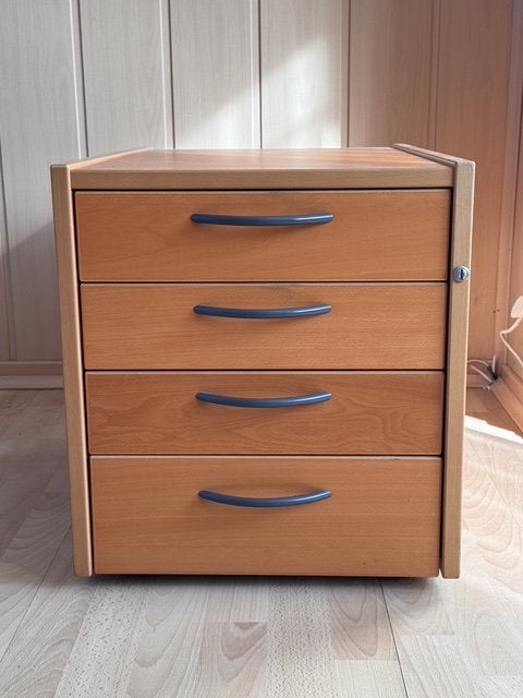 Ladenblok ladenkast beuken 4 lade wieltjes verrijdbaar buro, Huis en Inrichting, Ophalen, Minder dan 50 cm, Gebruikt, 3 of 4 laden