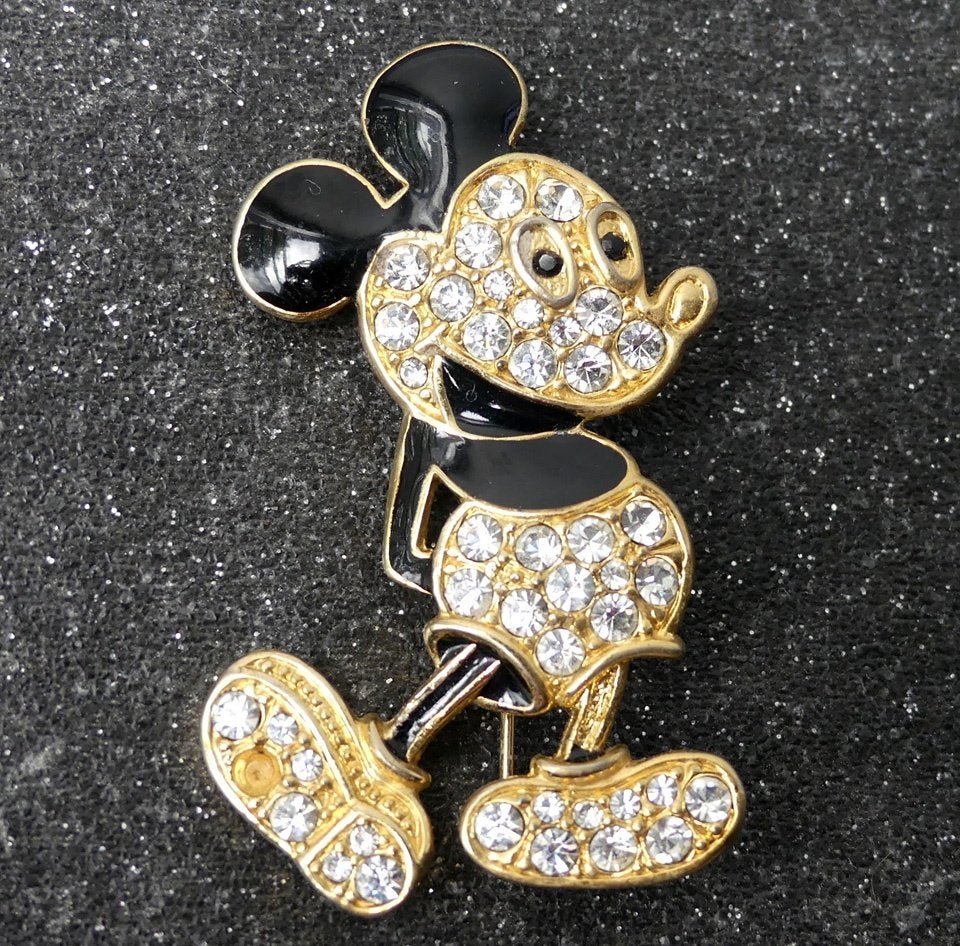 Mickey Mouse broche goudkleur zwart met strass, Overige materialen, 4 tot 7 cm, Gebruikt, Zwart