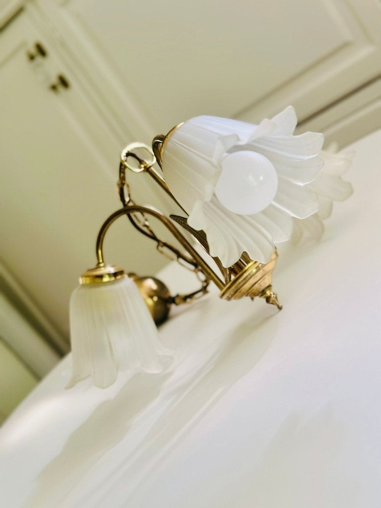 Vintage Wandlamp Hollywood Regency Melkglas Palmblad, Kroonluchter, Gebruikt, 55 cm, Vintage