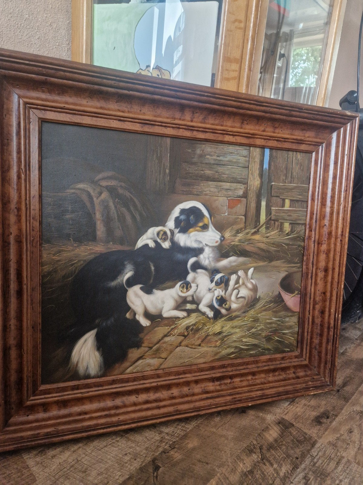 Olieverfschilderij Moederhond met Puppy’s – Ingelijst, Ophalen of Verzenden, Rechthoekig, 50 tot 100 cm, Minder dan 100 cm