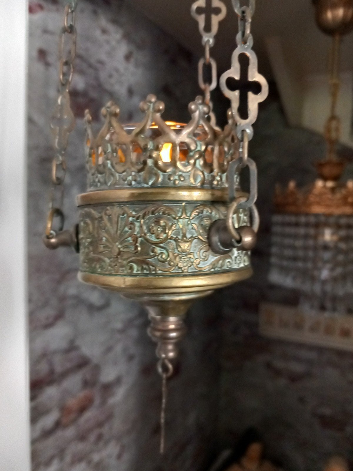 Antieke koperen /messing Godslamp met kruisjesketting, Antiek en Kunst, Ophalen of Verzenden