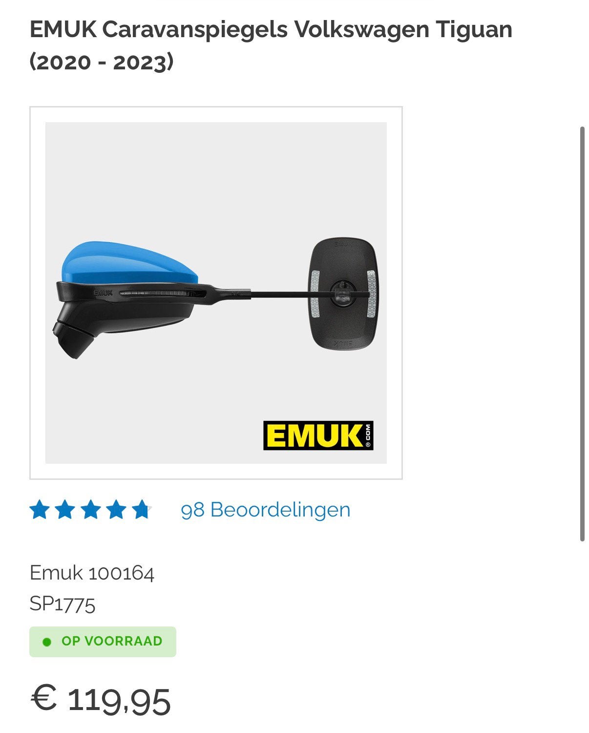 EMUK caravanspiegels voor VW Tiguan 2020/2024, Ophalen of Verzenden, Zo goed als nieuw