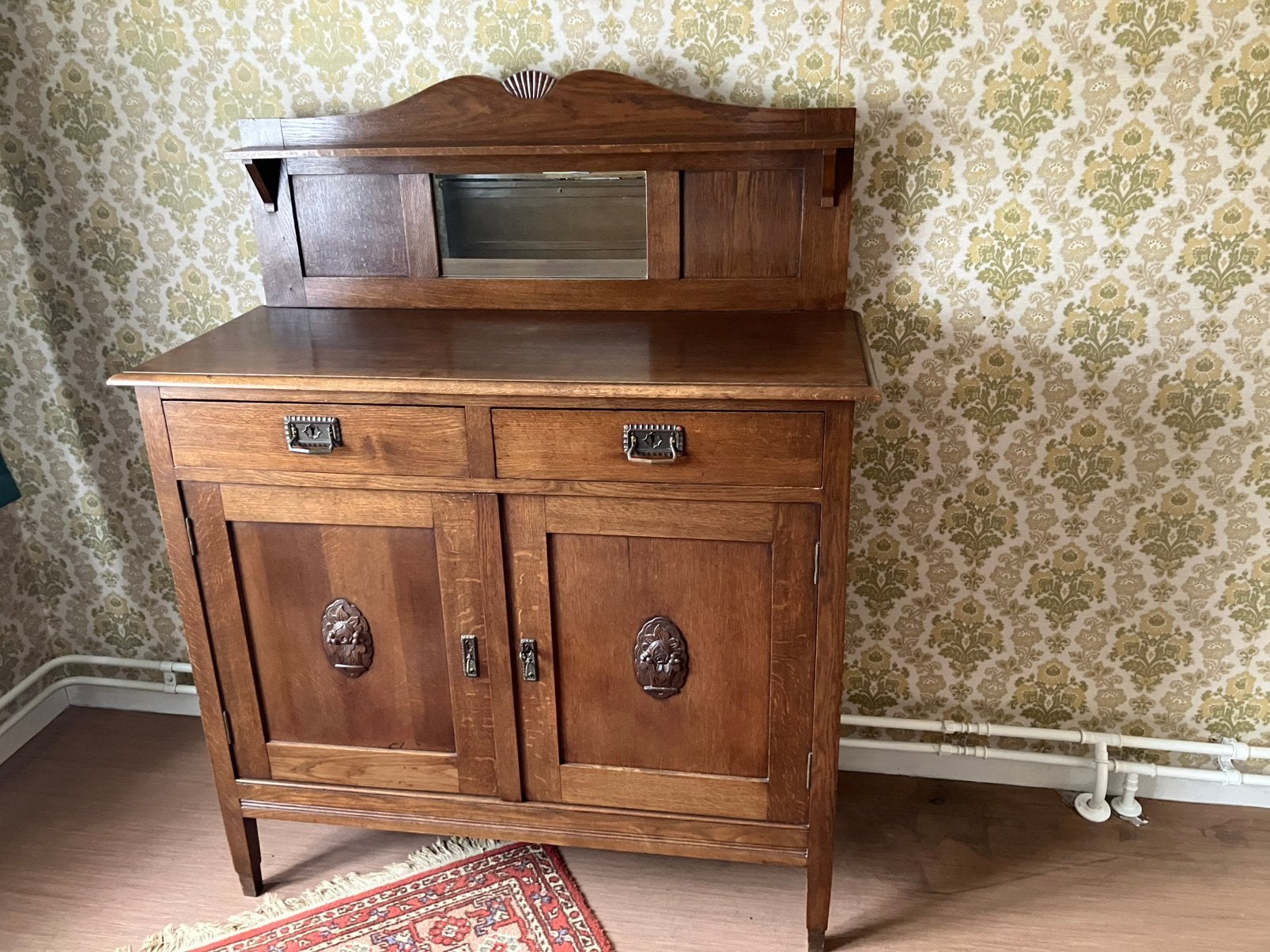 Antiek eikenhouten dressoir met spiegelopstand., Ophalen