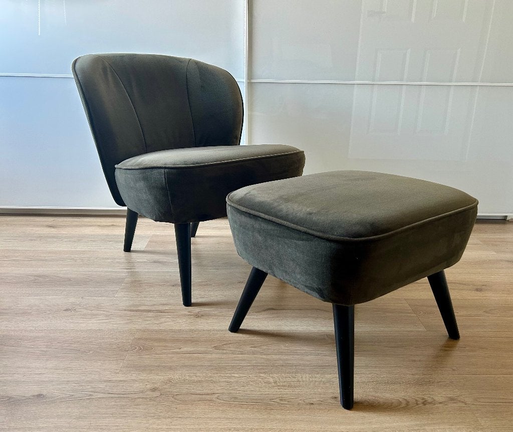 Fauteuil stoel + hocker SARA WOOOD velvet stof donkergroen, Ophalen, 75 tot 100 cm, Zo goed als nieuw, Stof