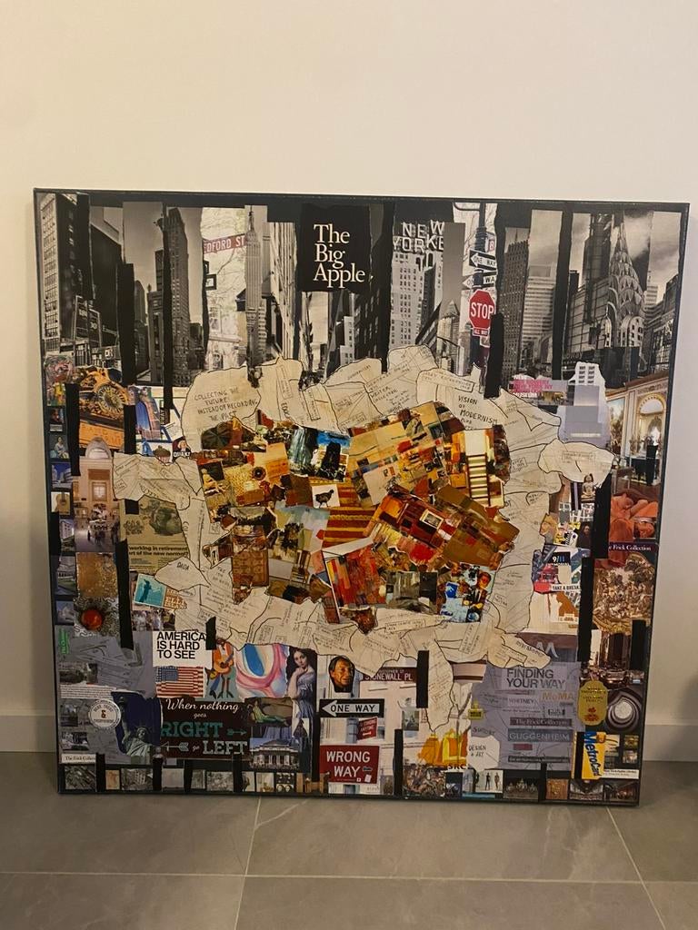 Unieke Mixed Media Collage New York The Big Apple 100x100, Ophalen of Verzenden