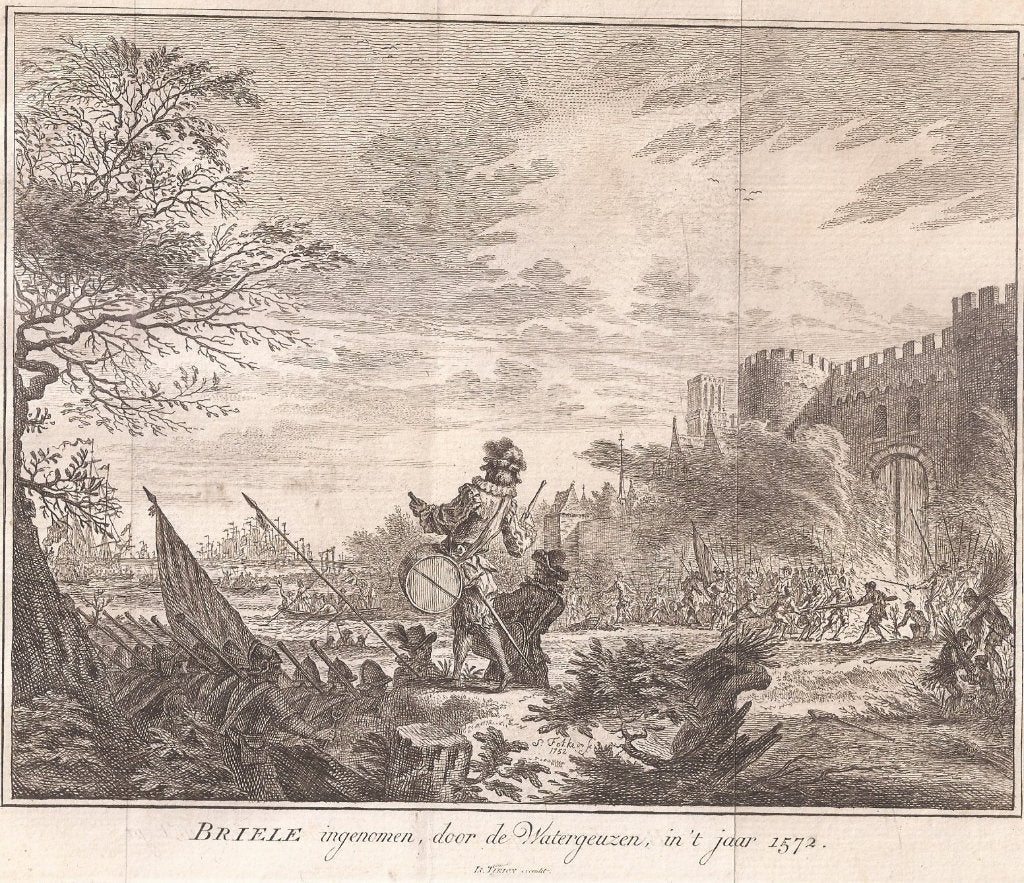 Briele ingenomen door de Watergeuzen in 't jaar 1572 kopergr, Origineel, Stadsgezicht, Ophalen of Verzenden, Gravure