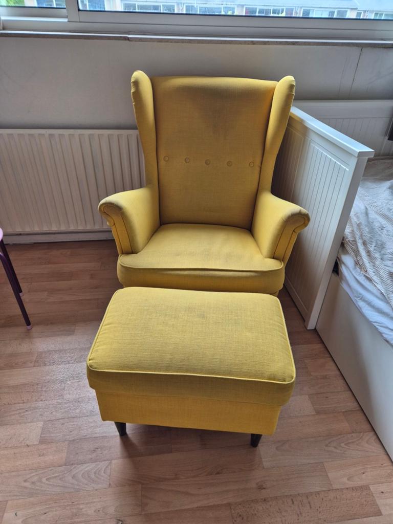 Gele strandmon fauteuil met voetenbank - gebruikt, Modern, Comfortabel, Gebruikt, 75 tot 100 cm, Ophalen of Verzenden