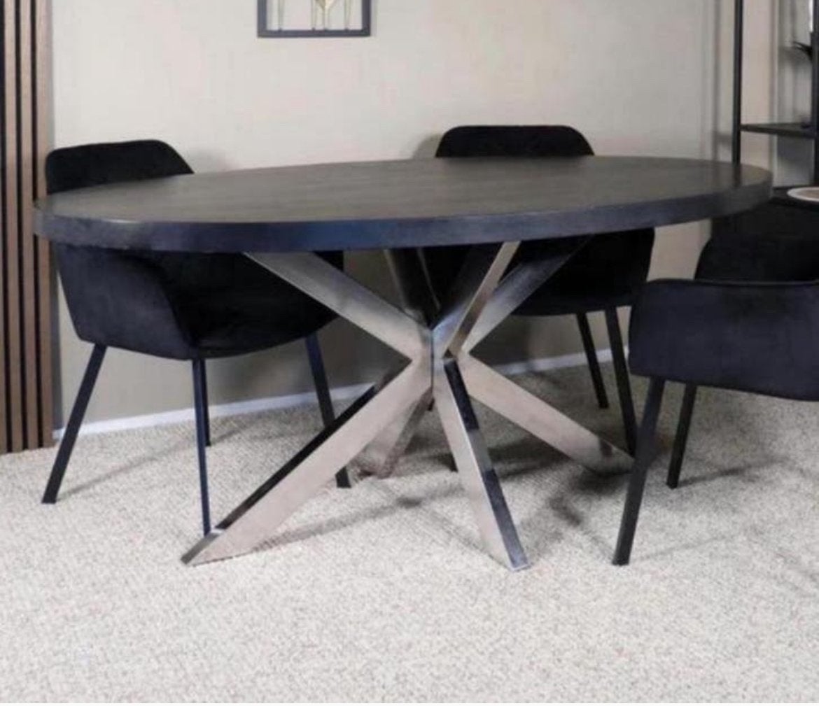 Eettafel mangohout visgraat met stalen spinpoot, 100 tot 150 cm, Ophalen of Verzenden, Zo goed als nieuw, 150 tot 200 cm