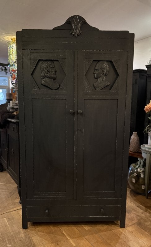 Antieke kast, brocante legkast oude vintage servieskast VdlM, Ophalen, 100 tot 150 cm, 1 of 2 laden, Zo goed als nieuw