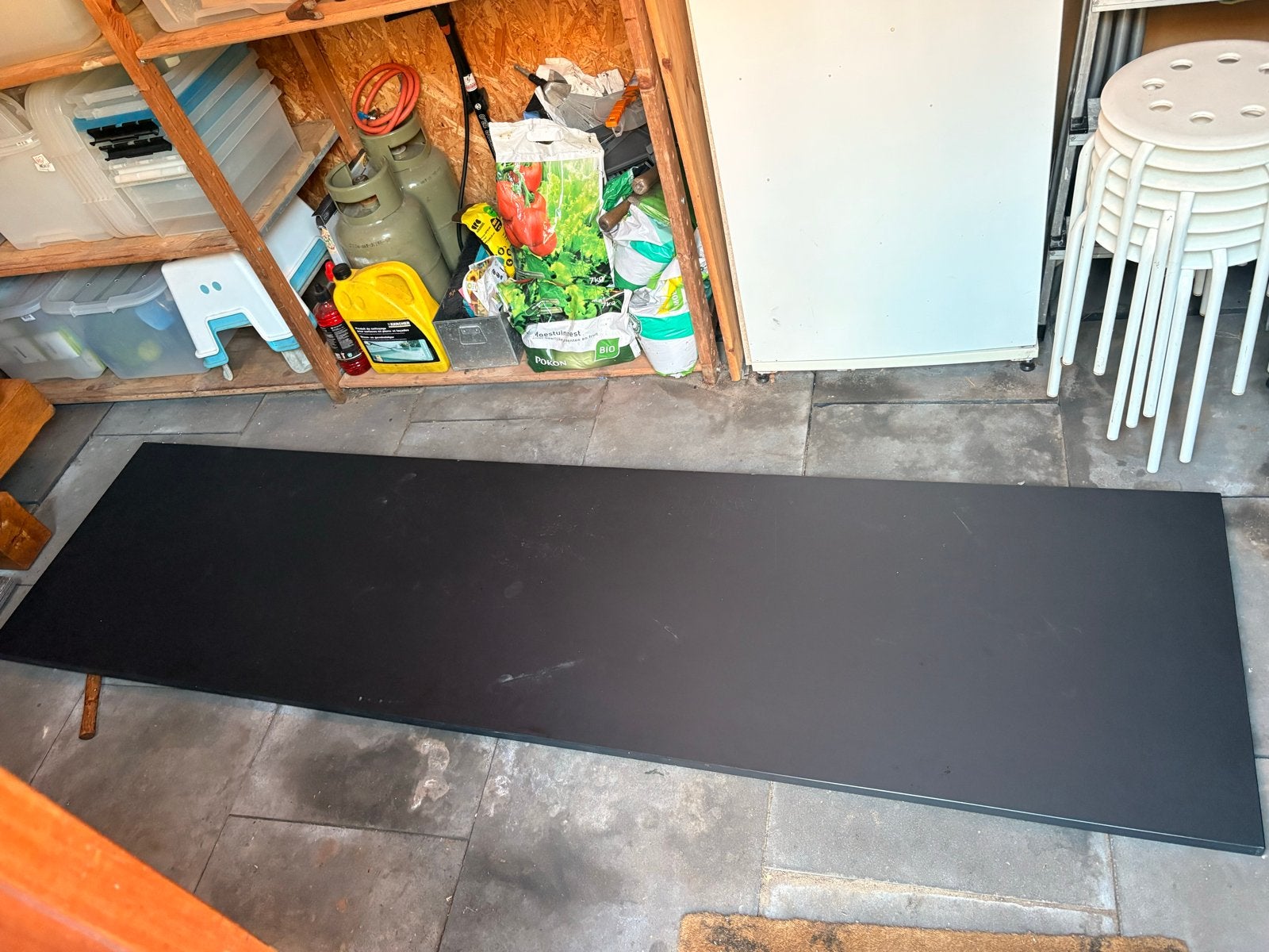 Tafelblad Zwart - 246 x 63,5 x 2,8 cm + 5 verstelbare poten, Huis en Inrichting, Tafelonderdelen, Gebruikt, Tafelblad, 200 cm of meer