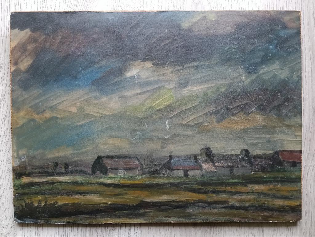 Henk Bies (1928-2006) - Landschap met dorpje, Ophalen of Verzenden