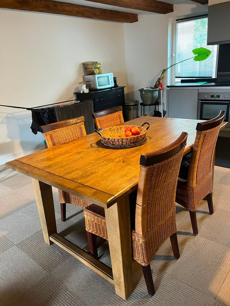 Houten eettafel (180x100) + 4 rotan stoelen, Huis en Inrichting, Ophalen, Gebruikt, Eikenhout, 50 tot 100 cm