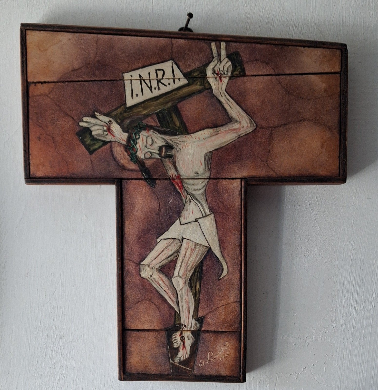 Olieverfschilderij op crucifix. 1961. Sign. 21/23 cm., Verzamelen, Ophalen of Verzenden, Zo goed als nieuw, Overige typen, Christendom | Katholiek
