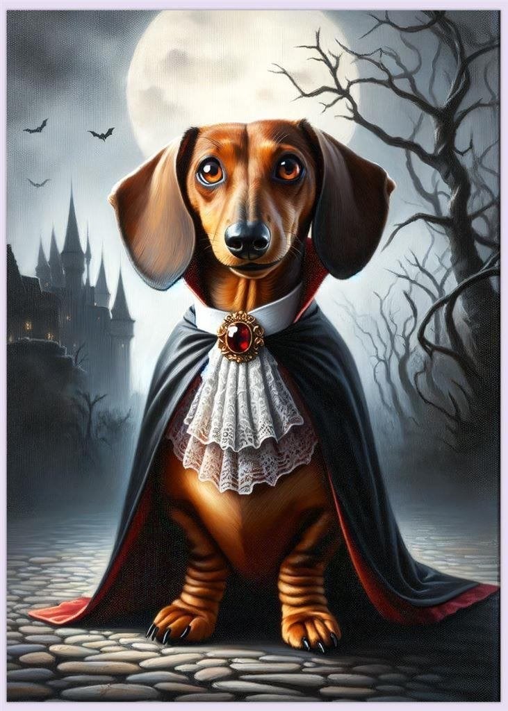 Grappige Dachshund Teckel als Dracula 50x70cm Poster, Verzenden, Nieuw, A1 t/m A3, Film en Tv