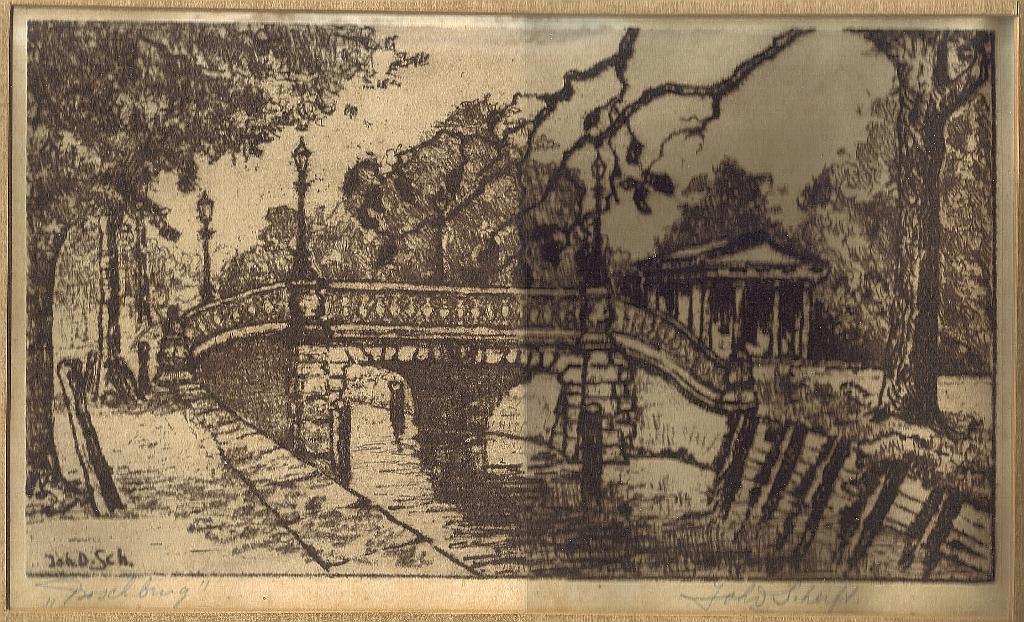 Johan D. Scherft ets "Boschbrug", gesigneerd, passepartout, Ophalen, Minder dan 50 cm, Gebruikt, Oorspronkelijke maker