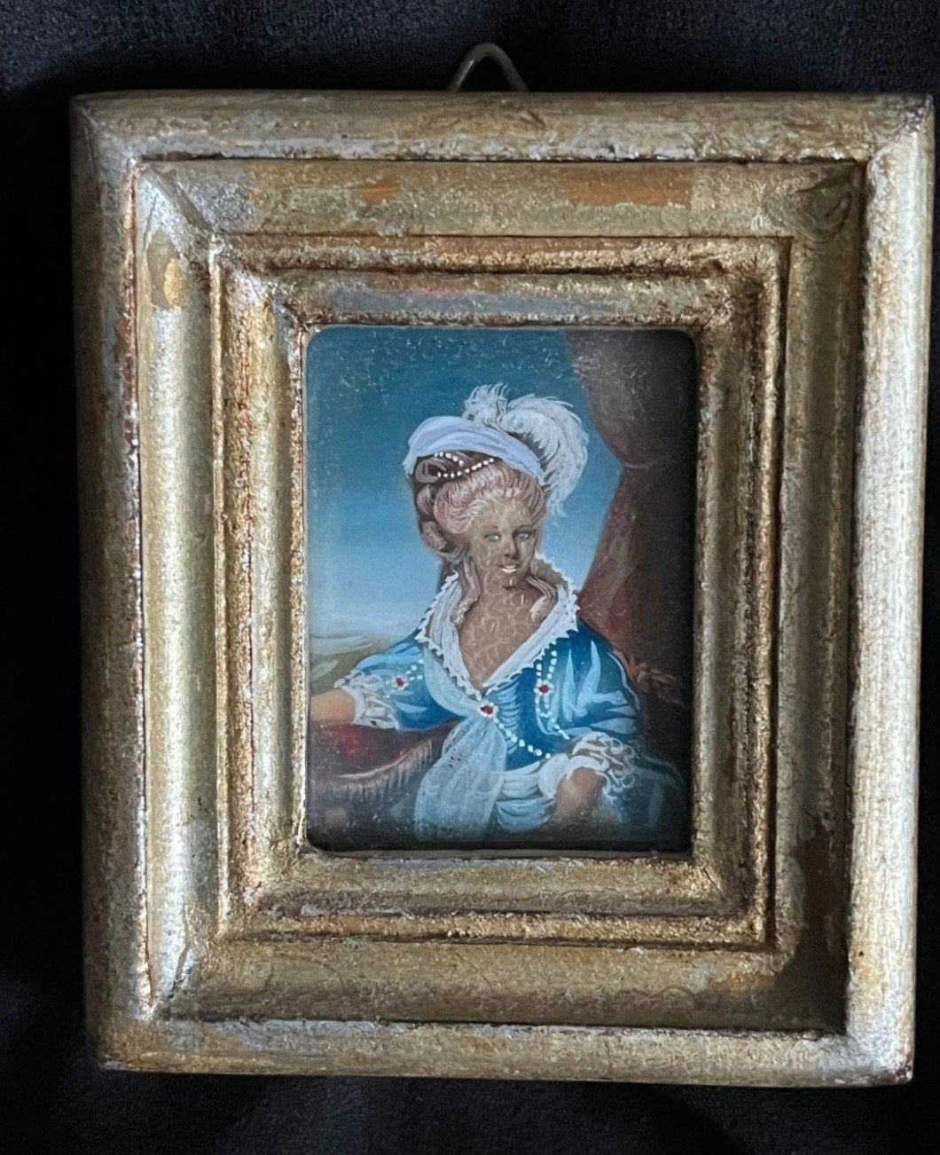 Vintage miniatuur schilderij: Rococo dame in blauw, Ophalen of Verzenden