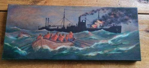 schilderij  doek bemanning verlaat brandend schip roeiboot, Antiek en Kunst, Ophalen