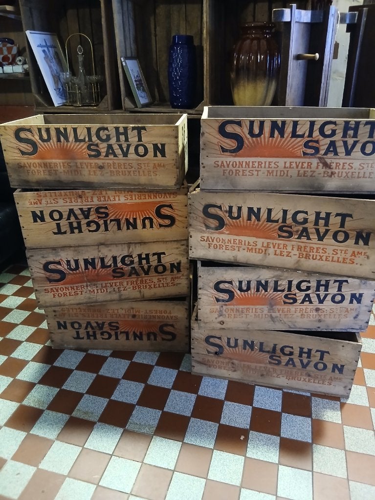 Originele houten transportkisten Sunlight zeep, 1920-1940, Overige materialen, Minder dan 50 cm, Gebruikt, 50 tot 100 cm