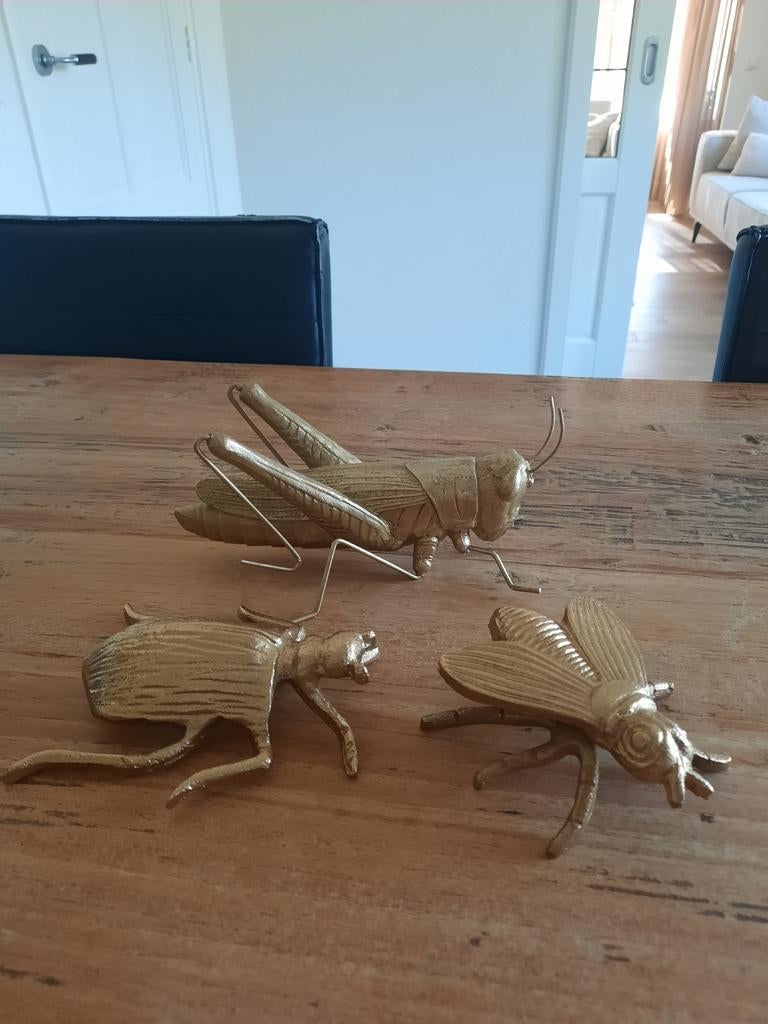 Sprinkhaan vlieg/bij kever goudkleur deco insekten / samen, Ophalen of Verzenden, Insect, Beeldje of Figuurtje