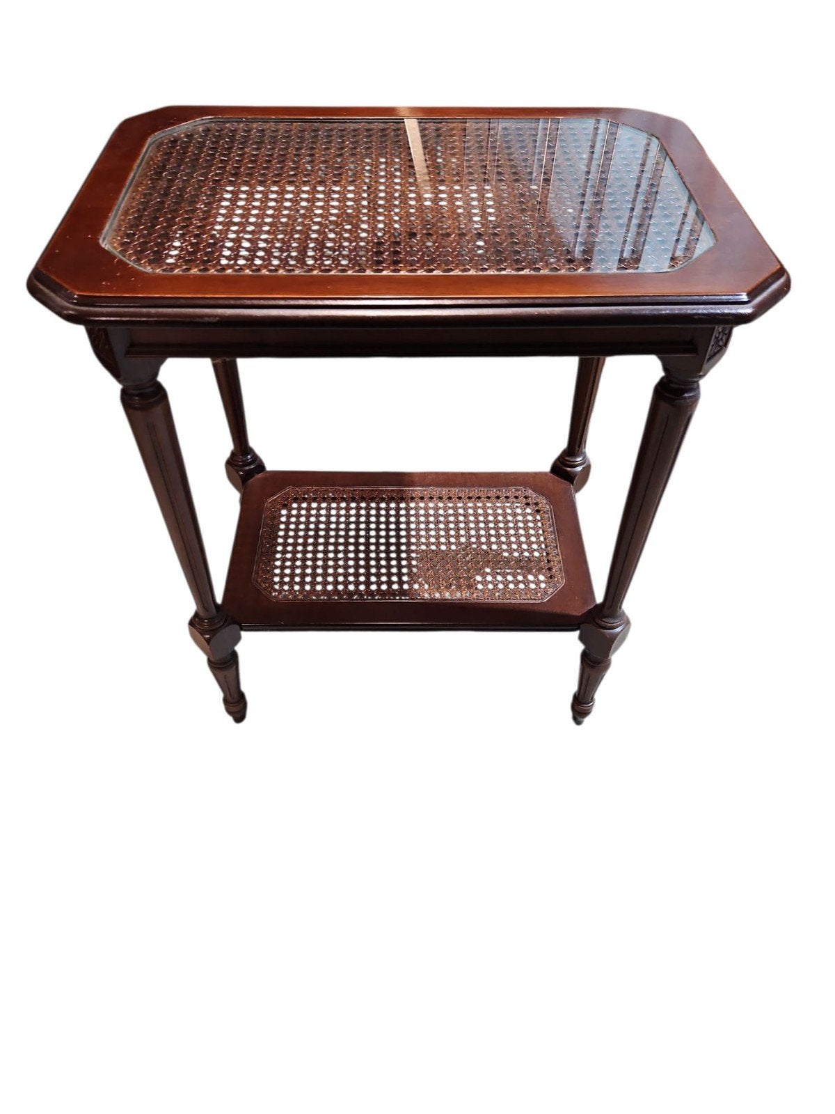Bijzettafel met rotan en glas, 55x37x64 cm, Huis en Inrichting, Ophalen, Rechthoekig, 45 tot 60 cm