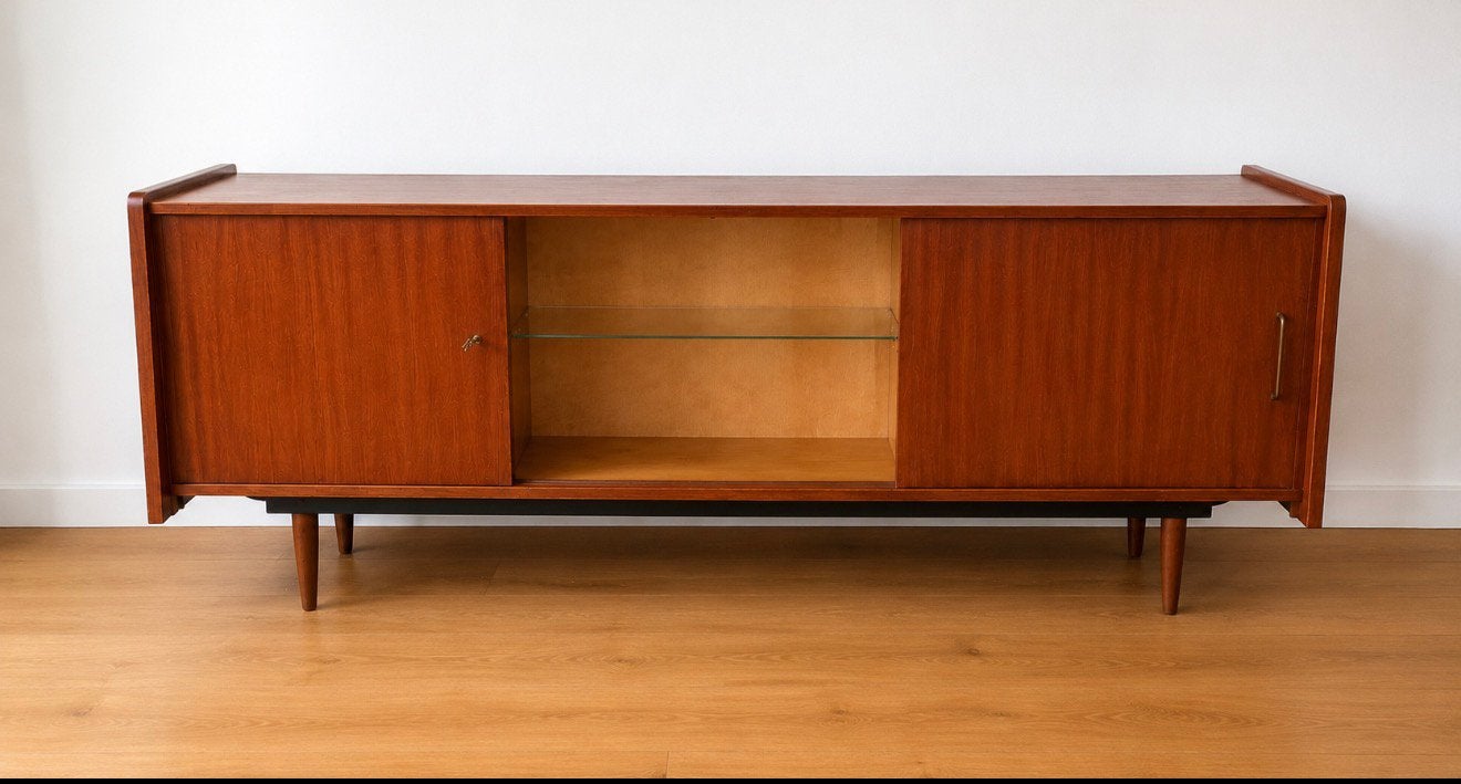 Vintage Mid-Century dressoir/sideboard met glazen middenvak, Vintage, Vintage, Ophalen of Verzenden, Zo goed als nieuw
