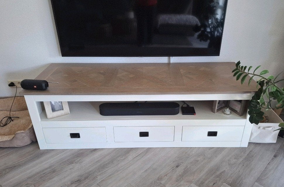TV-meubel wit met houten blad, Huis en Inrichting, 150 tot 200 cm, Modern landelijk, Zo goed als nieuw, Minder dan 100 cm