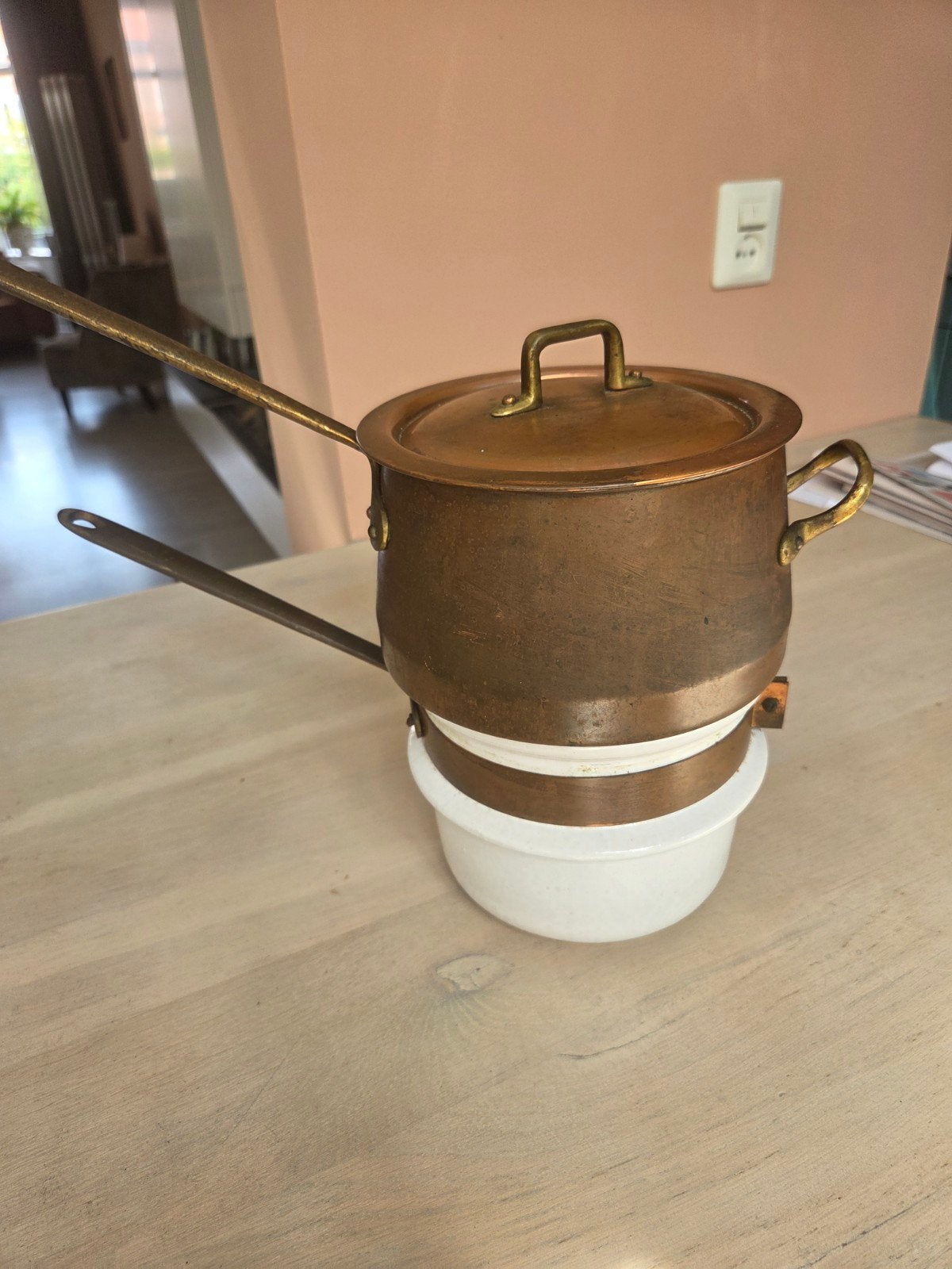 Vintage koperen au bain marie pan, Copral Portugal, 17 cm, Antiek en Kunst, Ophalen of Verzenden, Koper